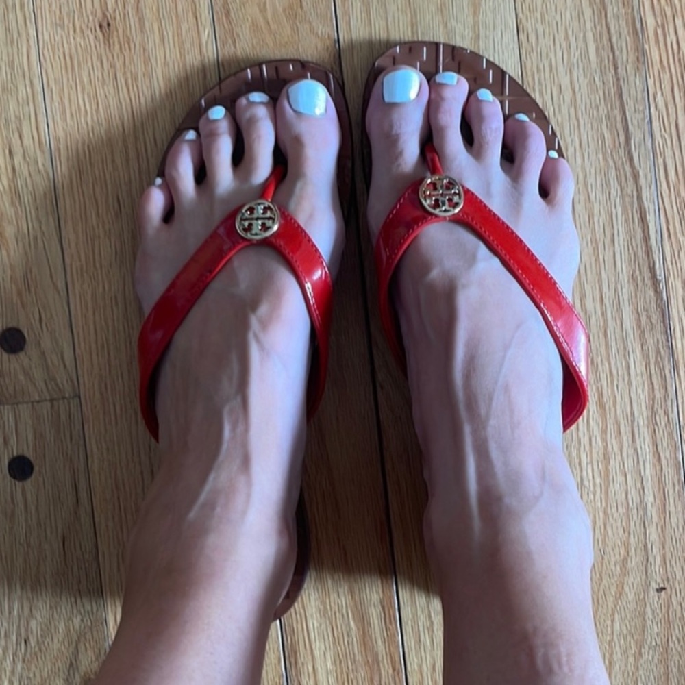 Tory Burch, patent red leather sandals.